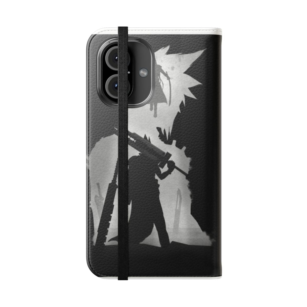 Artistic black and white shadow design of characters from the popular Final Fantasy video game series on a flip cover phone case. - Folded Front