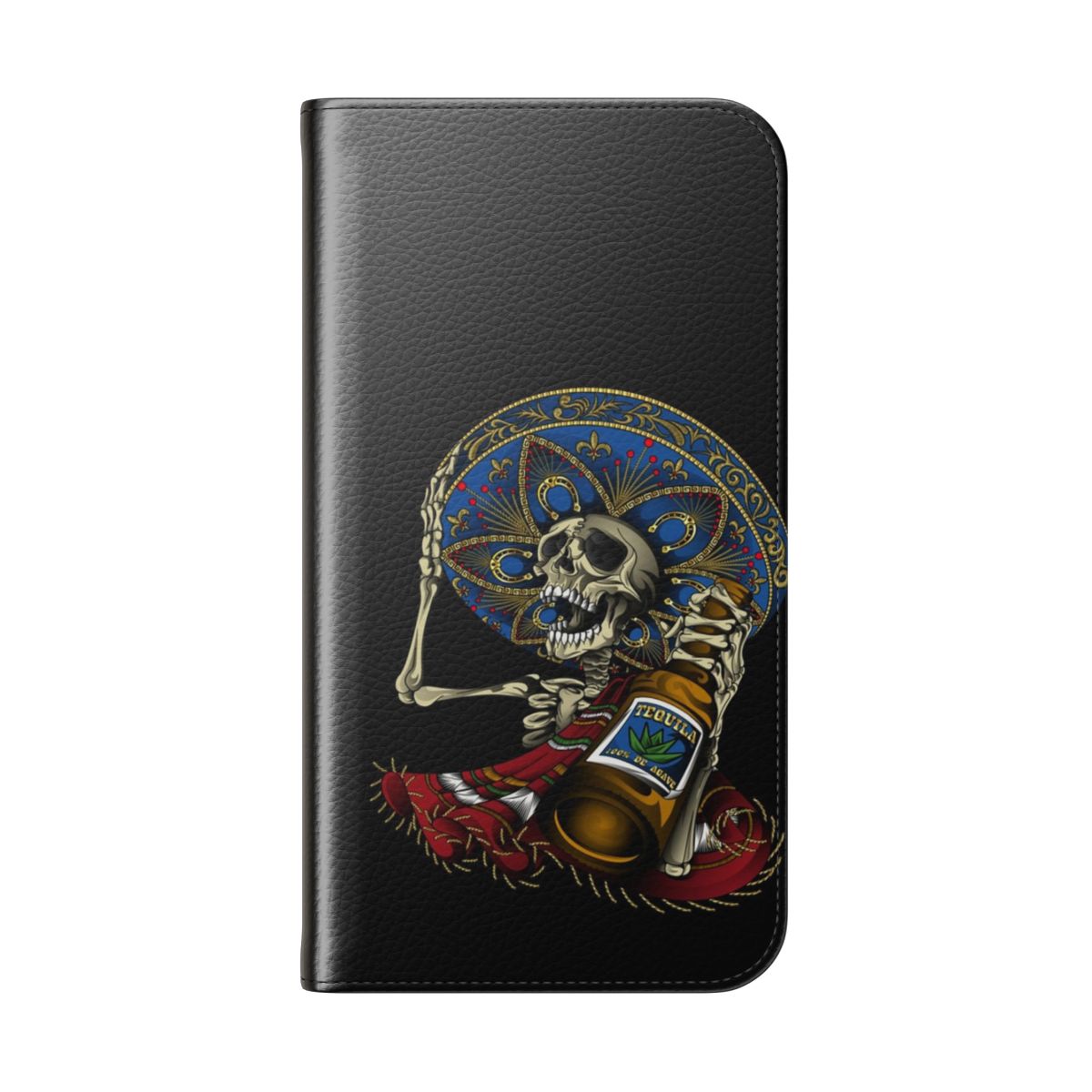 Vibrant flip phone case featuring an Aztec-inspired sugar skull design in traditional Mexican colors - Folded Back