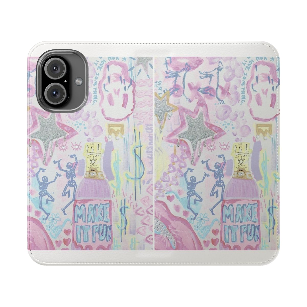 Preppy collage-style flip cover phone case with a fun, colorful "Make it Fun" design