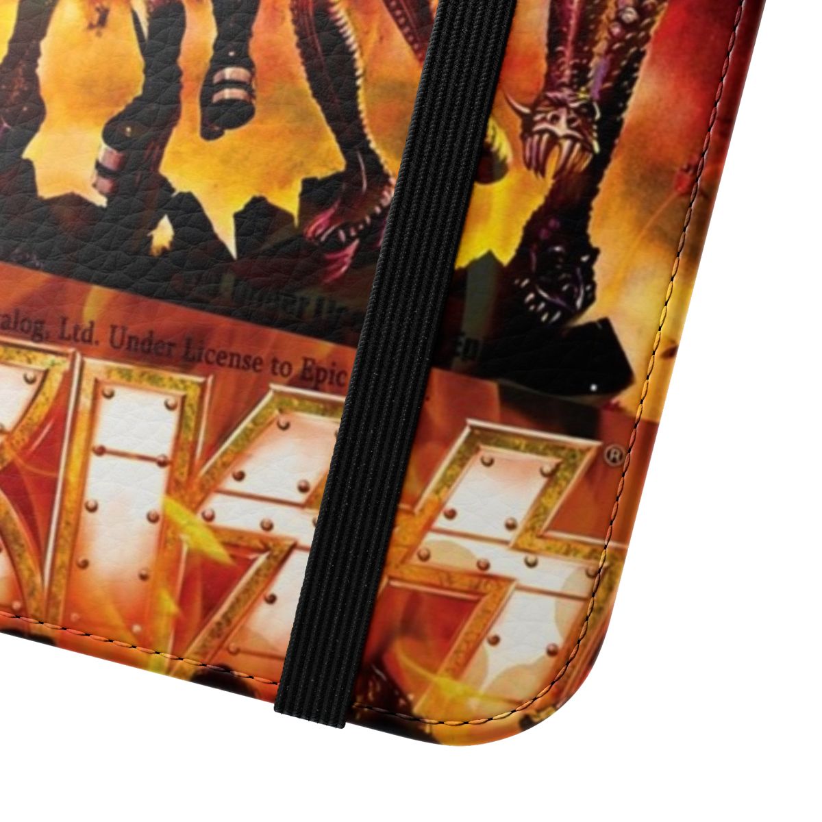 Flip cover phone case featuring artwork inspired by the rock band KISS. - Close Up