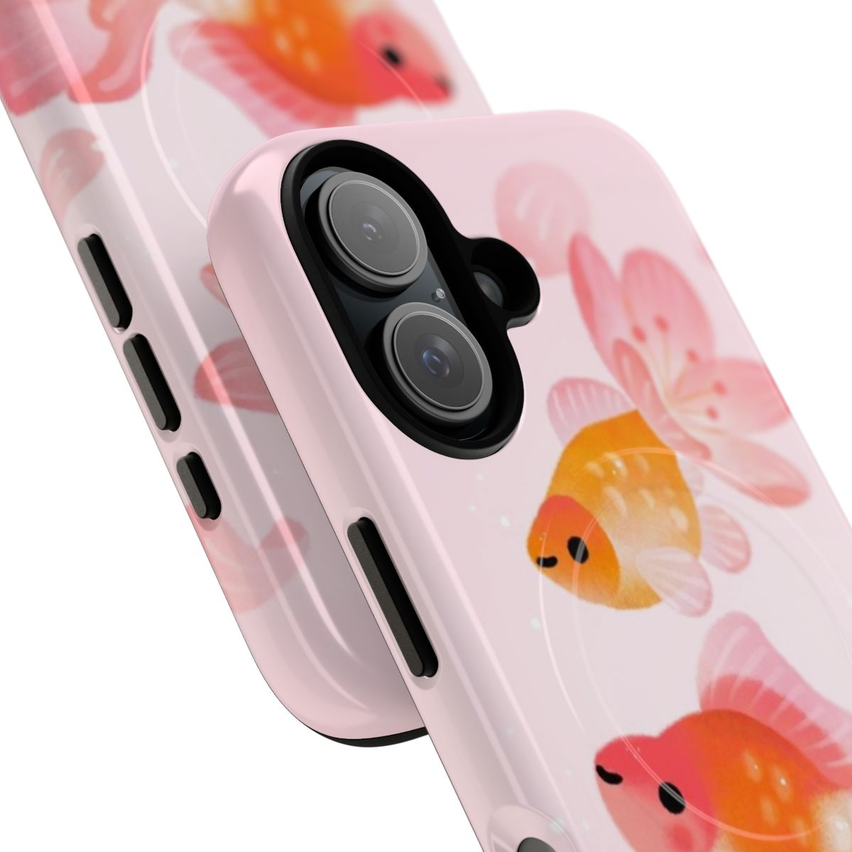 Vibrant cherry blossom and goldfish design on a protective phone case - Detail