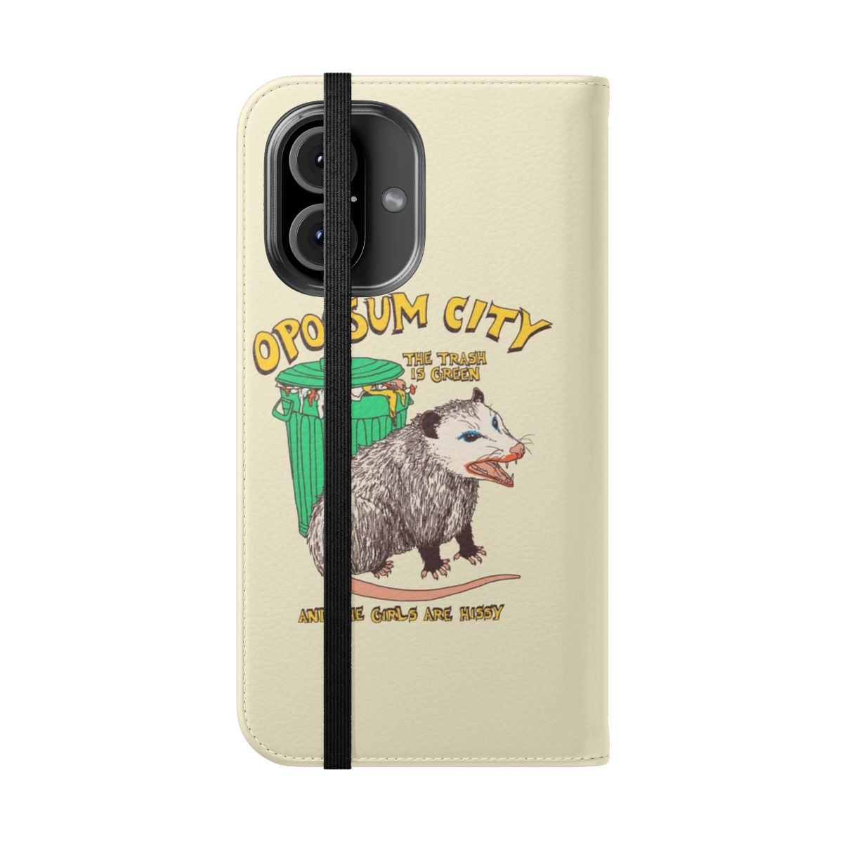 Vintage-style flip phone case featuring an opossum design - Folded Front