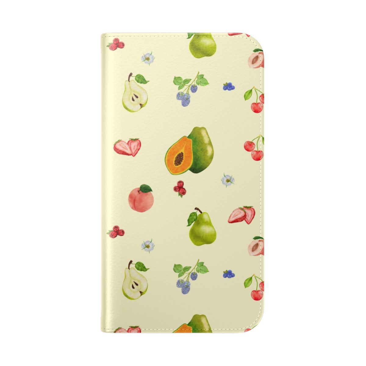 Colorful flip phone case with a vintage, scandinavian-inspired fruit design - Folded Back