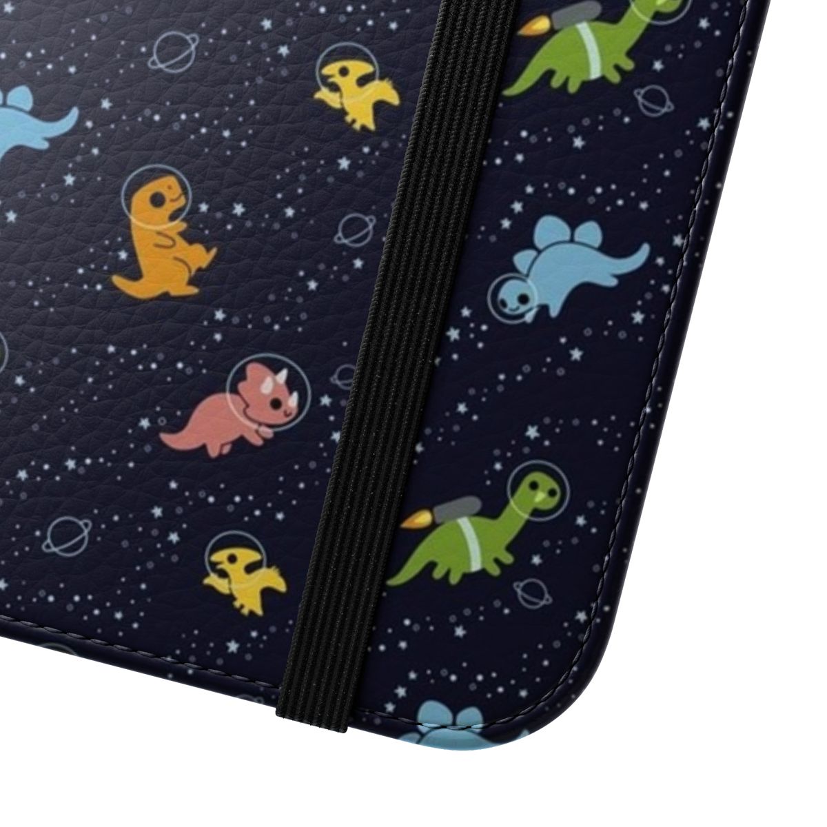 Colorful phone case featuring a pattern of cute dinosaurs in space with jetpacks, planets, and stars. - Close Up