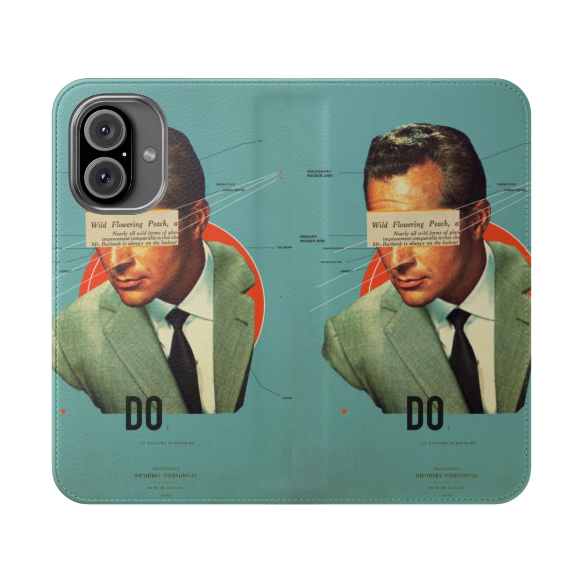 Minimalist flip cover phone case featuring a retro-style portrait artwork with typography