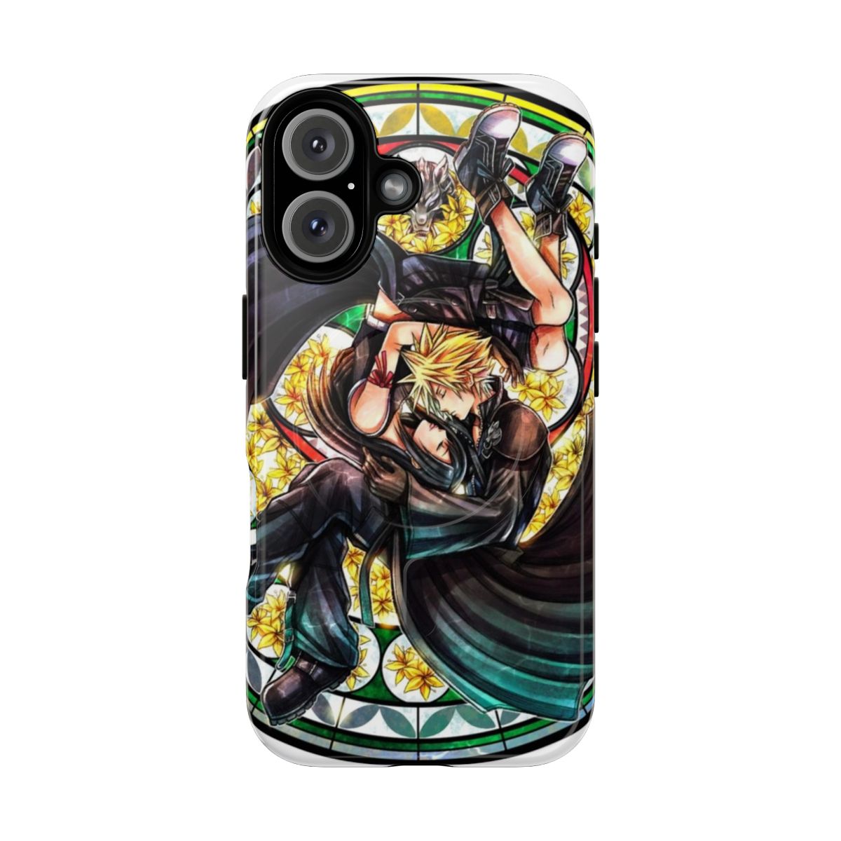 Stained glass-inspired phone case featuring Cloud and Tifa from Final Fantasy 7: Advent Children