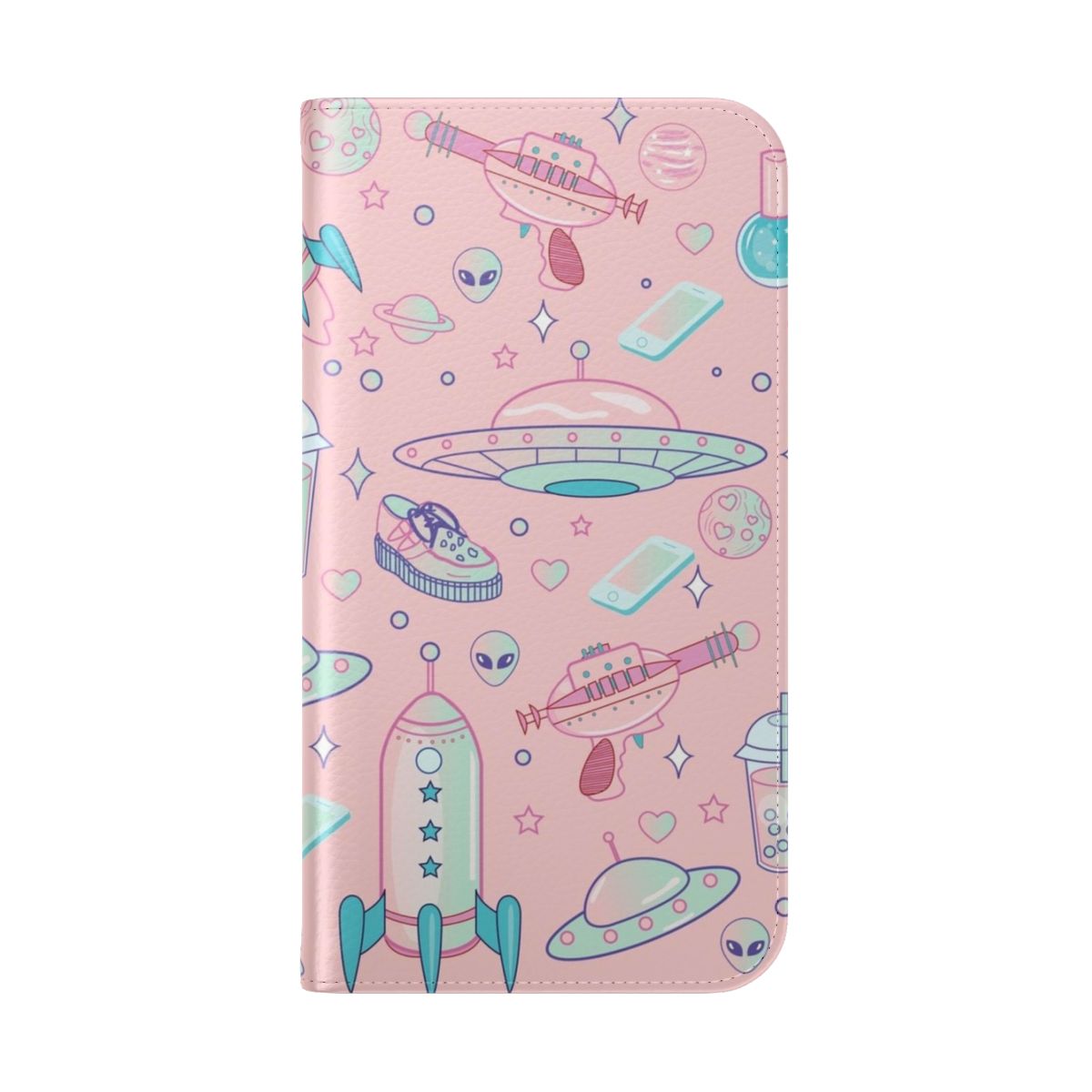 Pastel goth-inspired phone case with a cute galaxy and alien pattern design - Folded Back