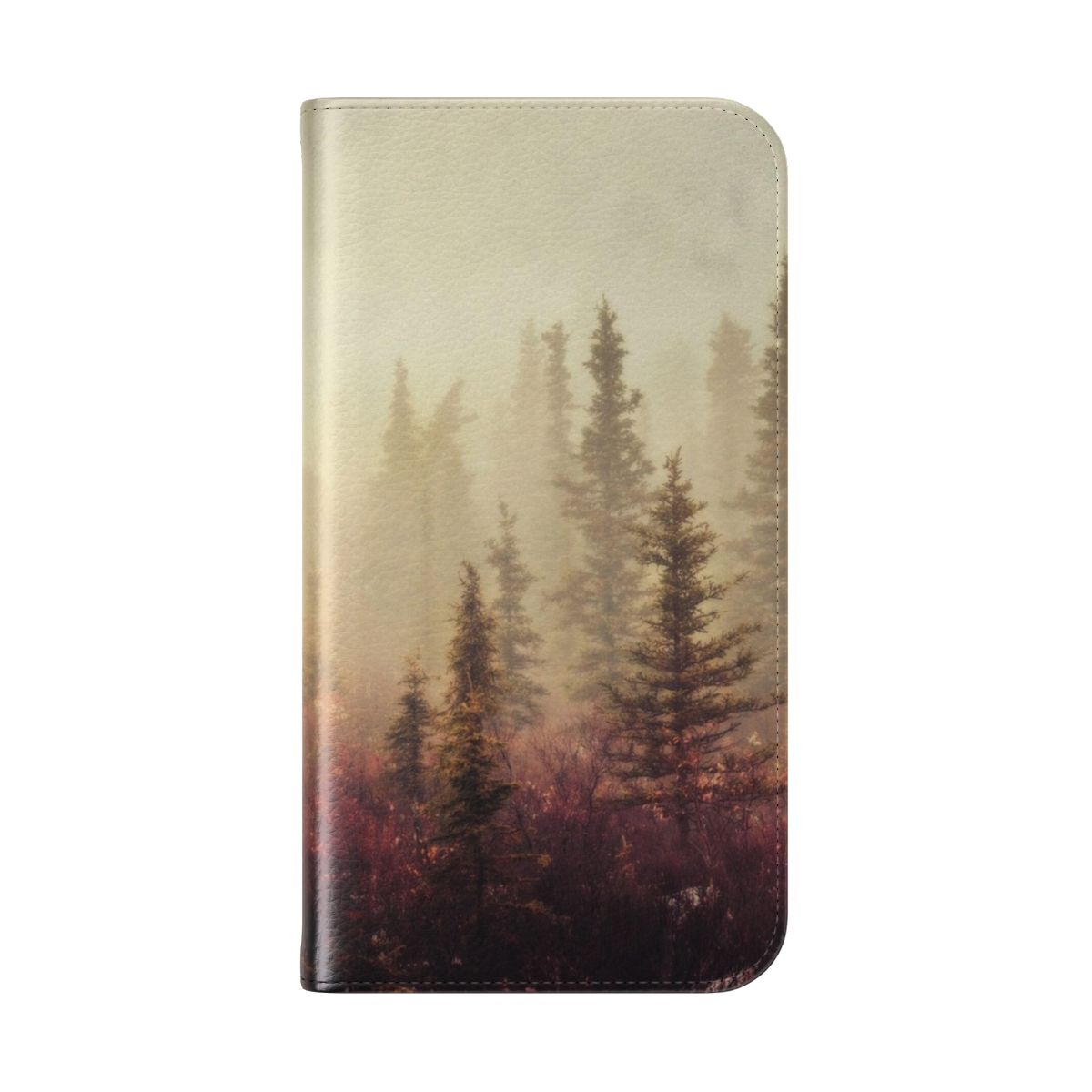 Flip phone case featuring a misty forest scene with trees and greenery - Folded Back