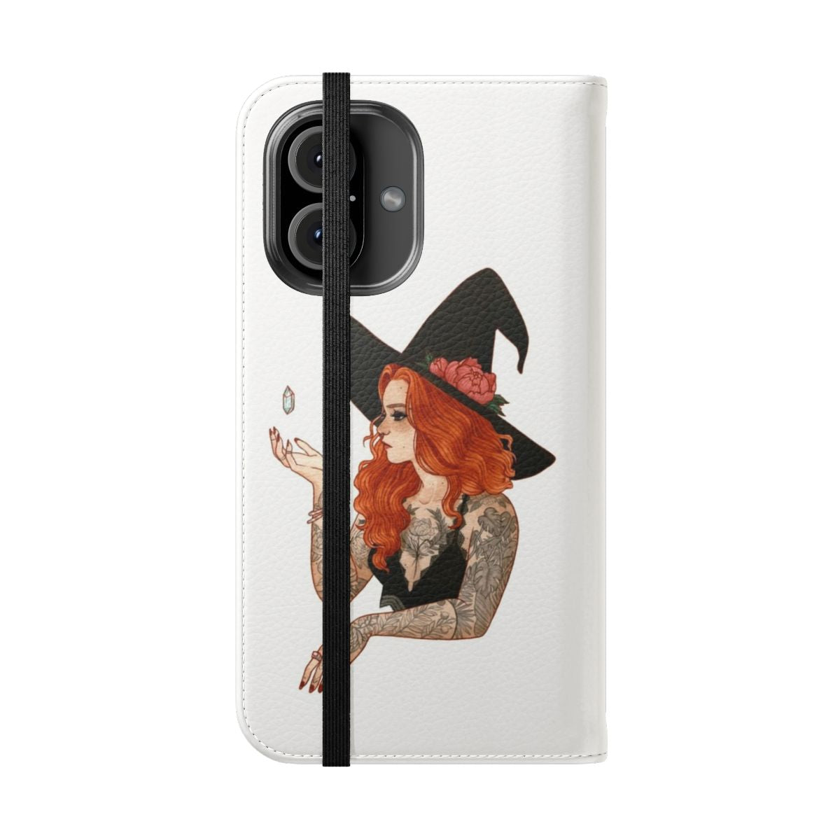 A vibrant red-haired witch phone case featuring a tattoo design and floral accents. - Folded Front