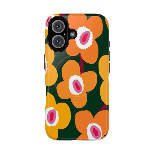 Vibrant Scandinavian-inspired floral pattern phone case in orange and green tones