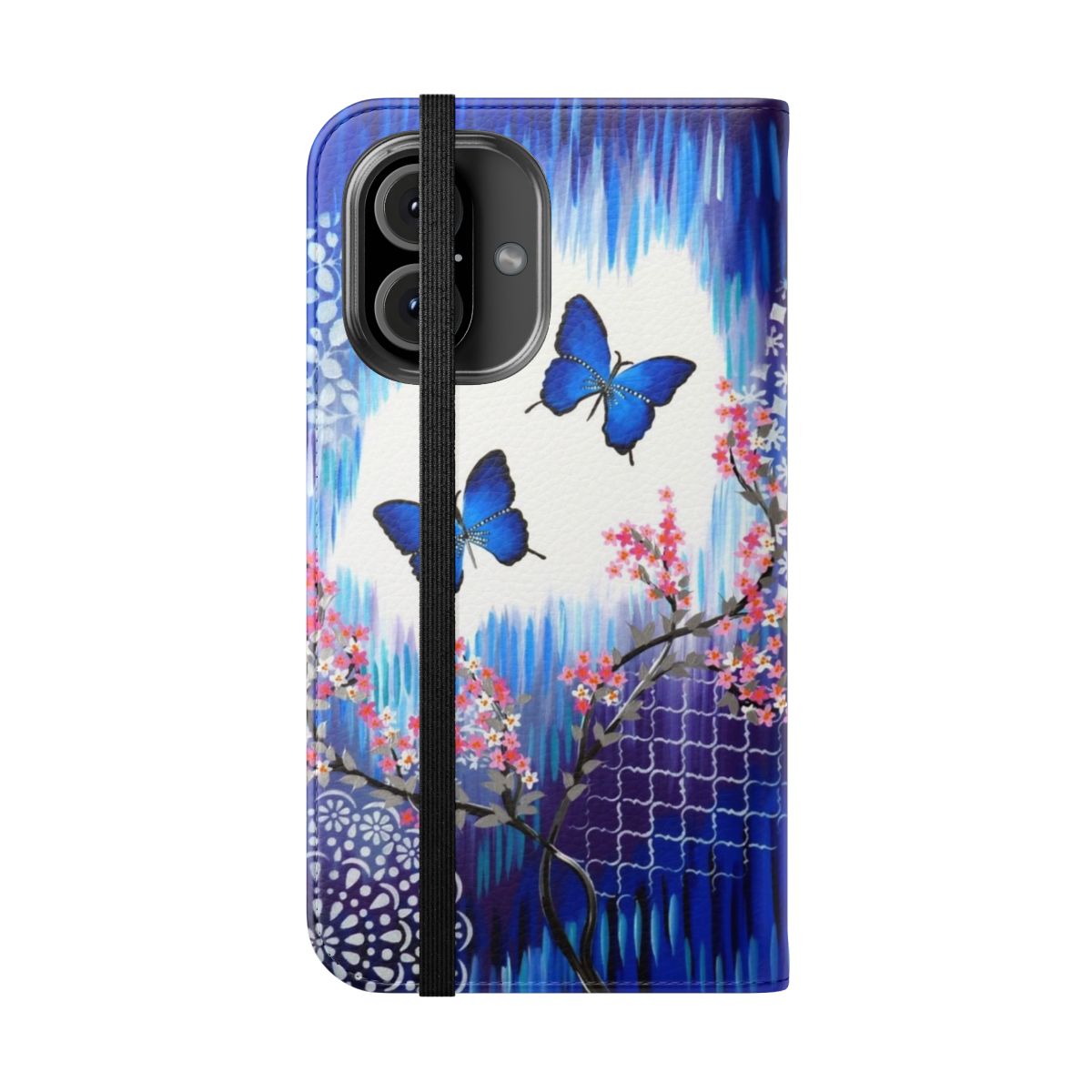 Blue butterfly design on a flip phone case - Folded Front