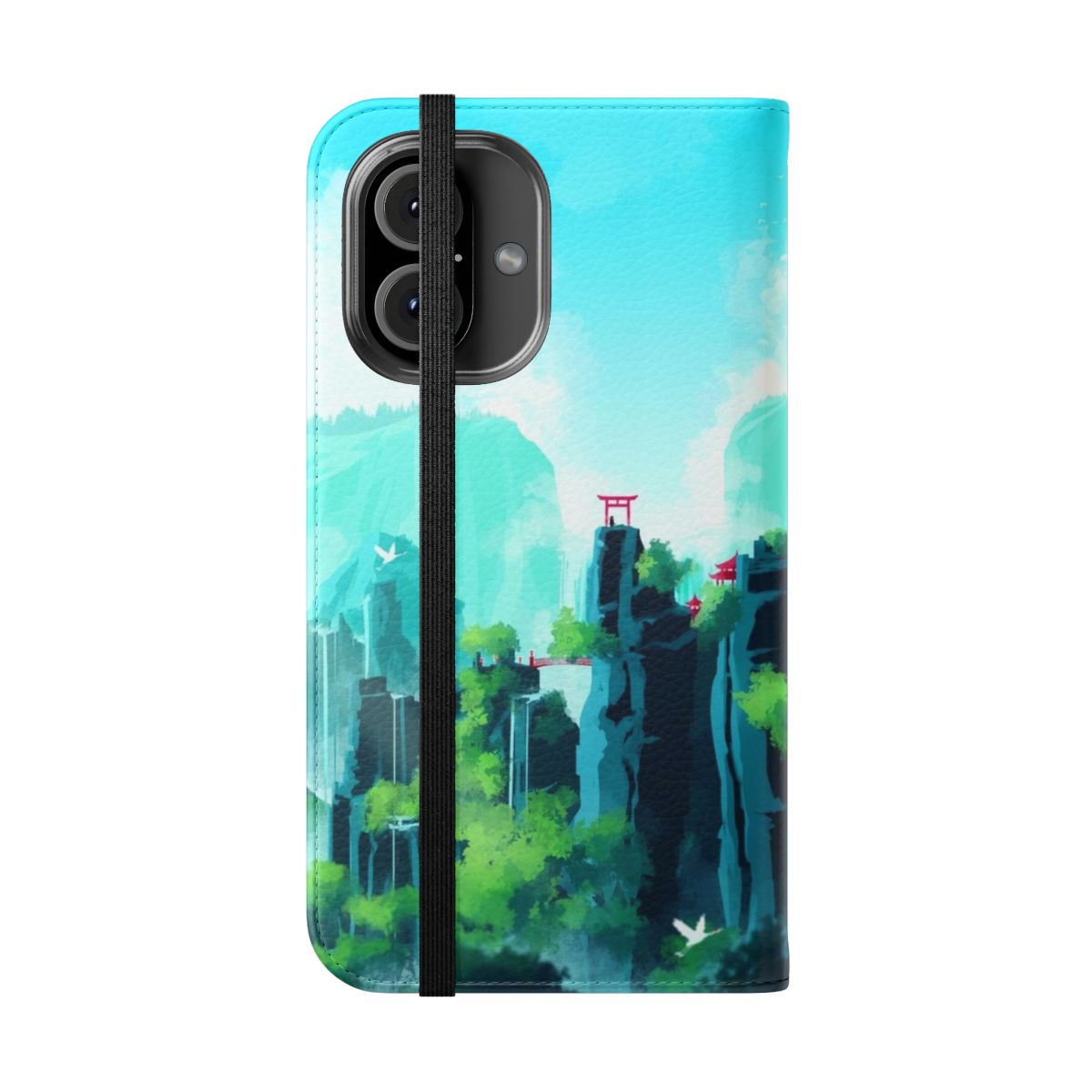 Flip cover phone case featuring a beautiful Asian landscape design with mountains, gates, and scenery. - Folded Front