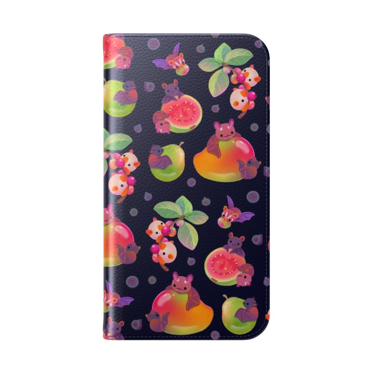 Tropical fruit bat design on a dark flip cover phone case - Folded Back