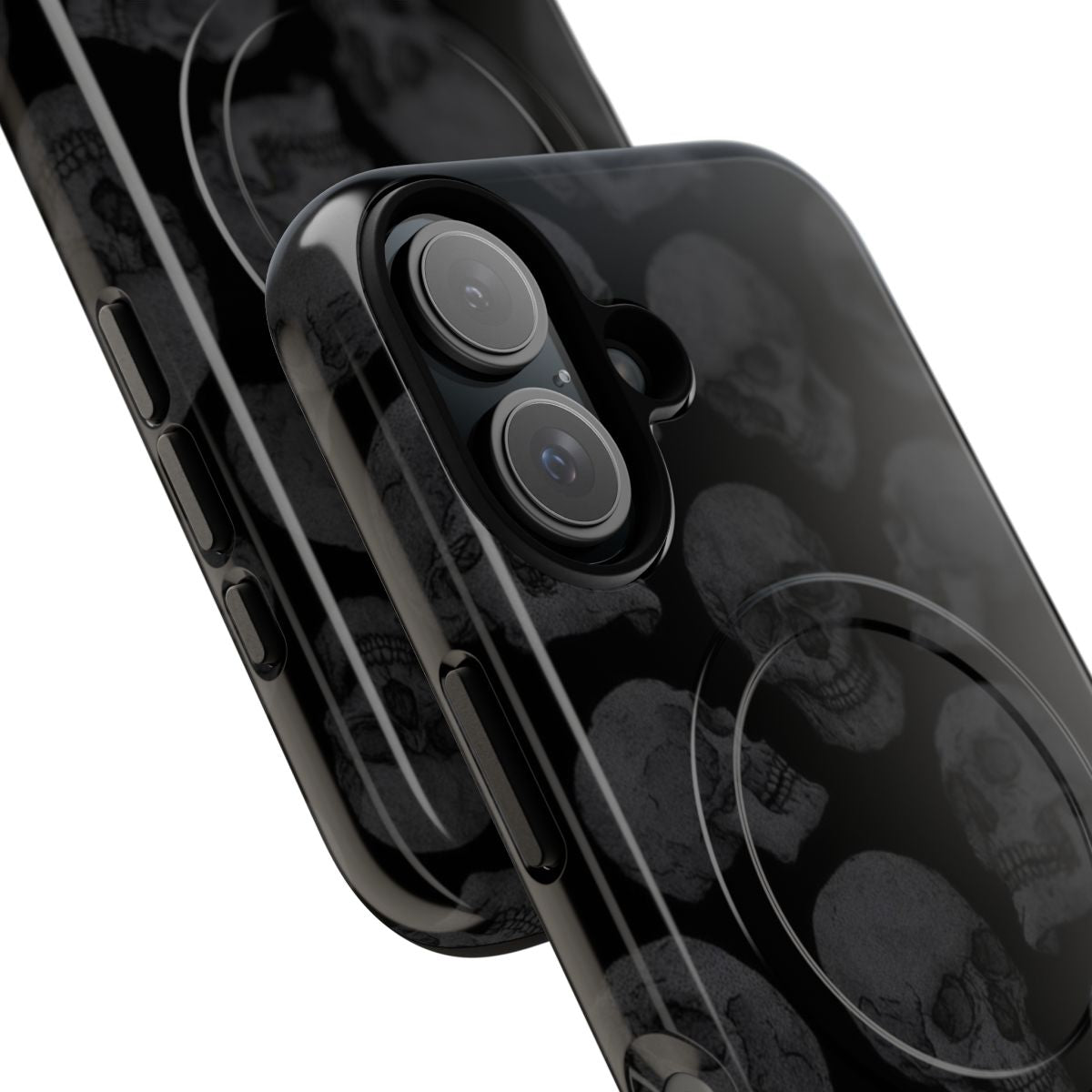 Image of a black phone case with a skull pattern design - Detail