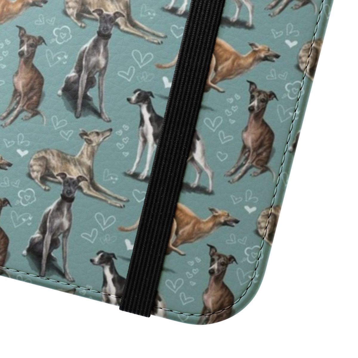 A whippet-printed phone case with a flip cover design. - Close Up