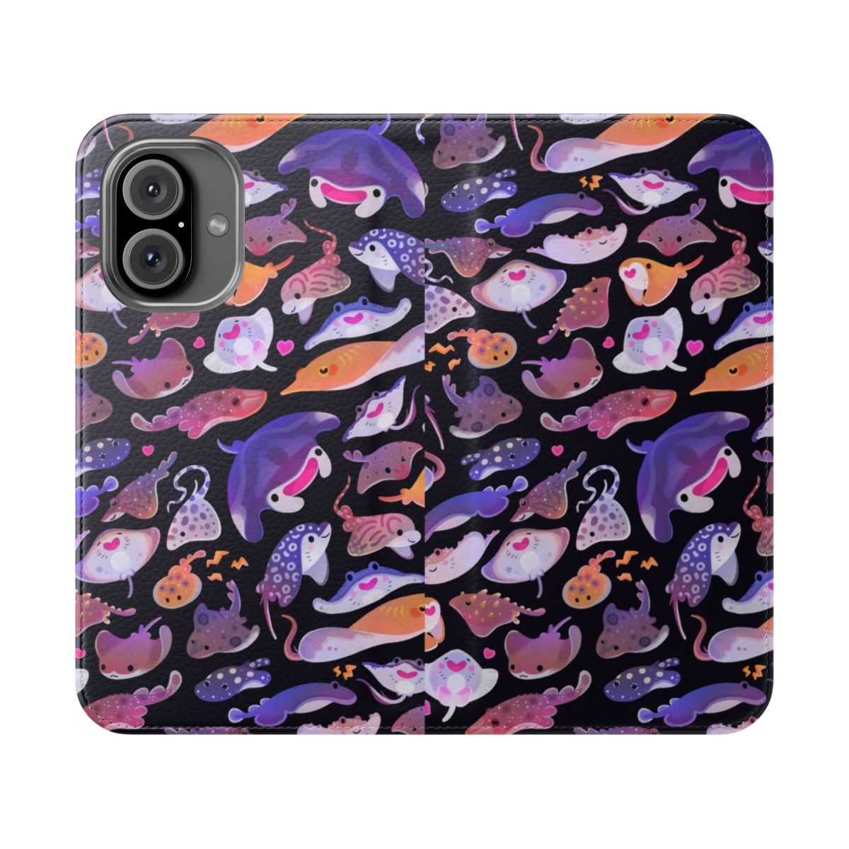 A vibrant flip cover phone case featuring a colorful ray design