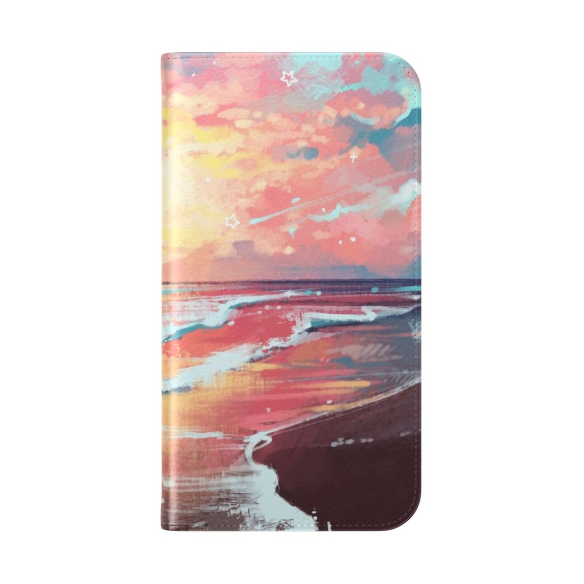 Flip phone case featuring a calming seascape with ocean waves and a blue-teal color palette - Folded Back