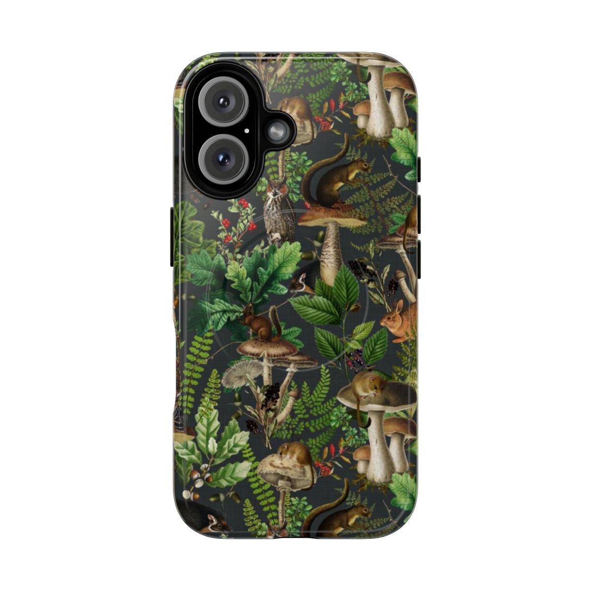 Vintage botanical phone case featuring a pattern of mushrooms, wild animals, and a night garden scene.