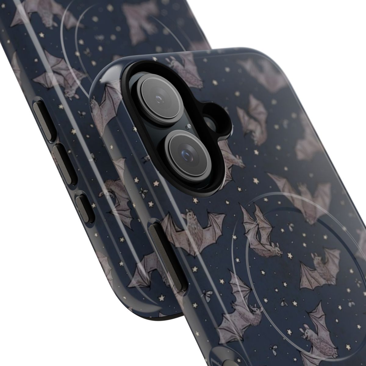 A phone case featuring a pattern of whimsical bats against a starry night sky. - Detail