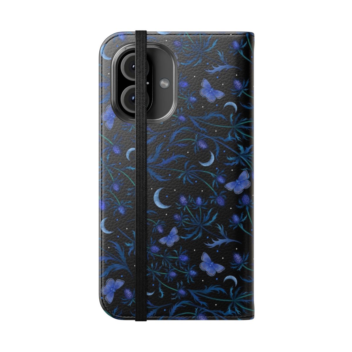 Blue thistle pattern flip phone case with moon phases and celestial elements - Folded Front