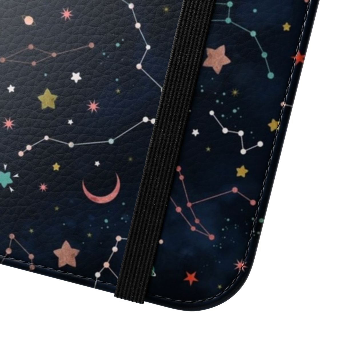 Starry sky design phone case featuring planets, moons, and shooting stars - Close Up