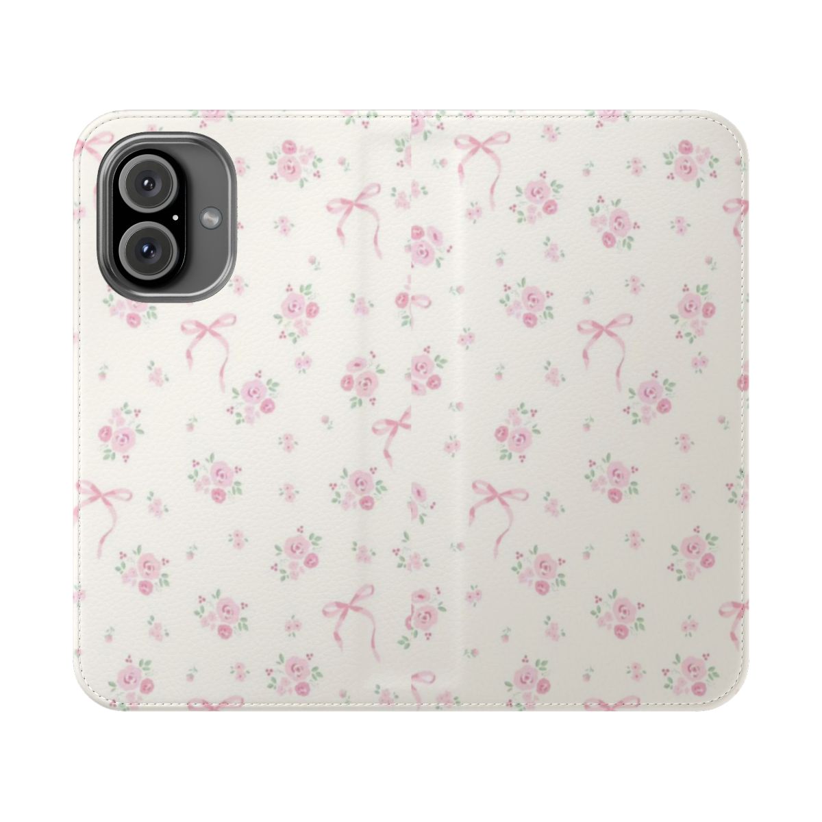 Pink phone case with a coquette floral bow pattern design