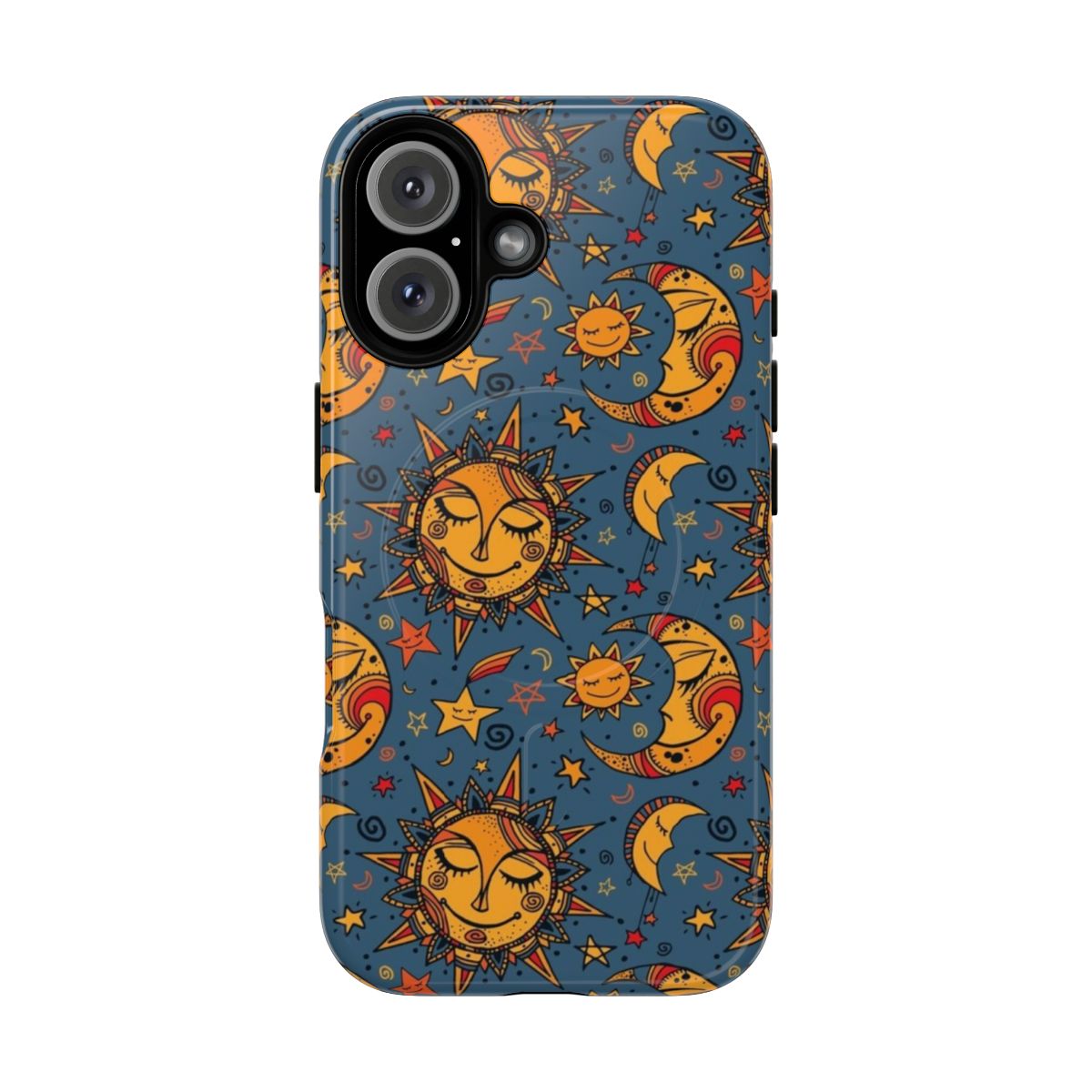 Whimsical phone case featuring a hand-drawn design of the sun, moon, and stars in a bohemian, nature-inspired style.