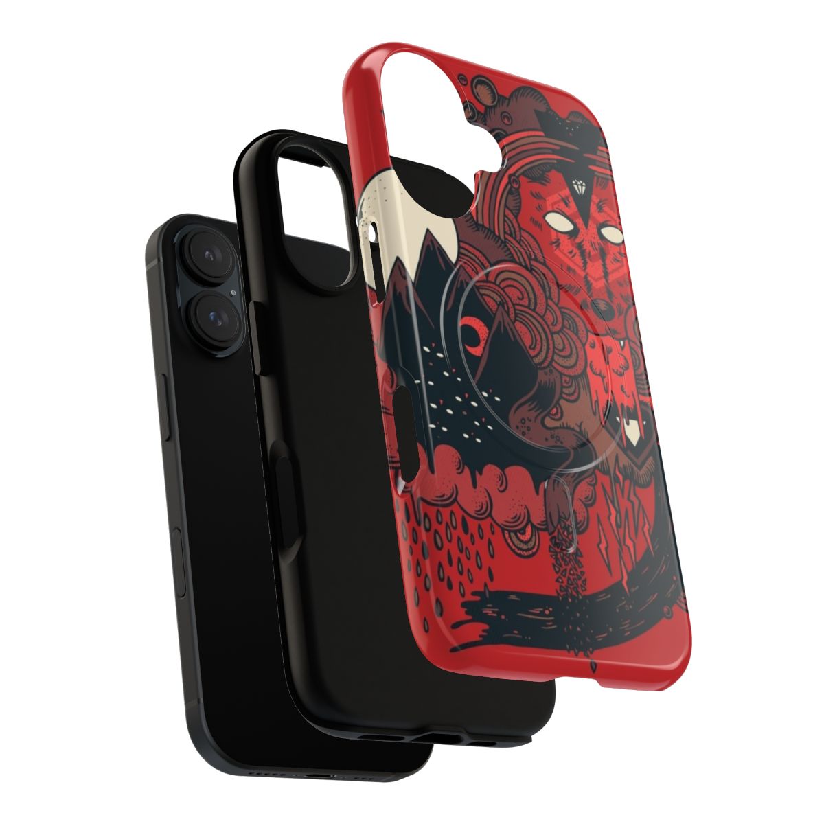 Artistic and rugged phone case design featuring a striking wolf pack silhouette against a backdrop of nature and abstract elements. - Layers