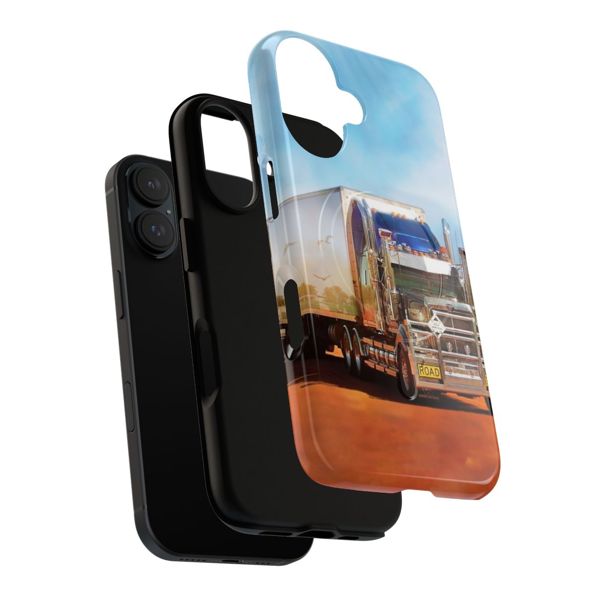 Magnetic tough phone case featuring a Kenworth truck with three trailers driving through the Australian outback - Layers