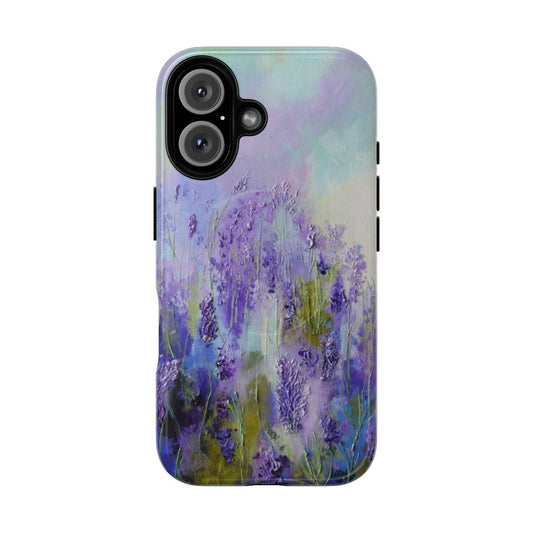 Lavender field with purple flowers and blue sky in an impressionist style phone case