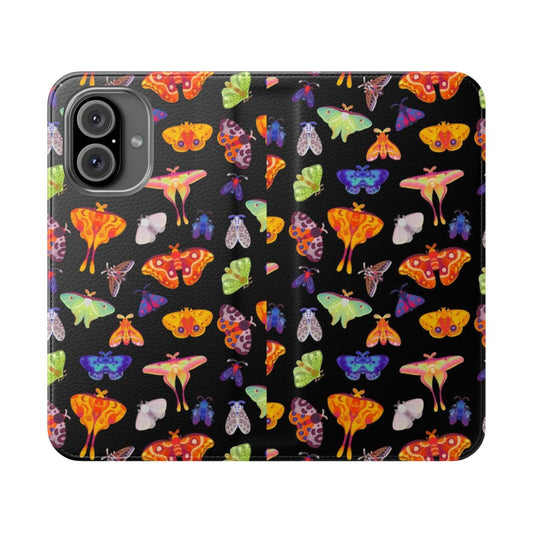 A flip cover phone case featuring a colorful, realistic moth design.