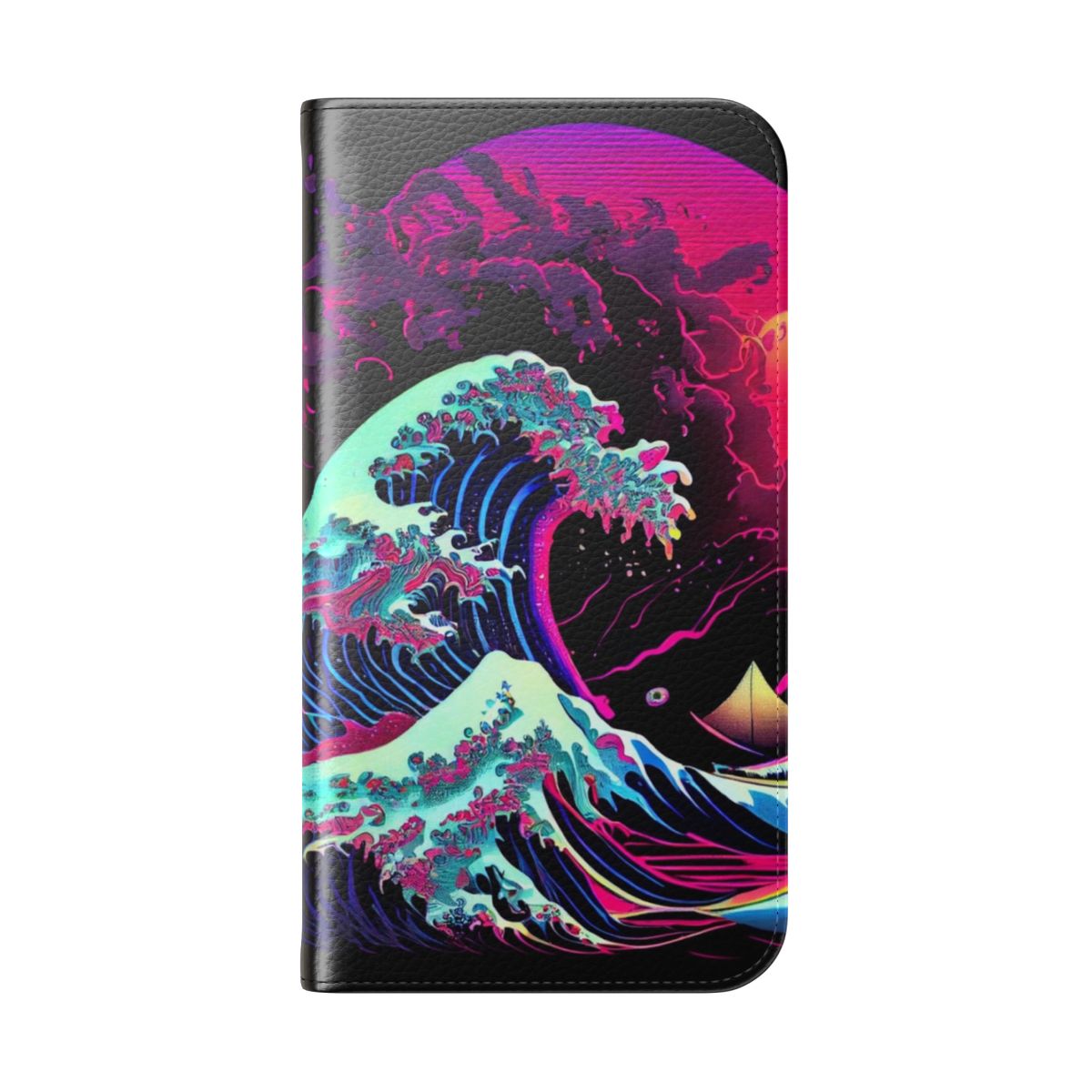 Retro wave synthwave phone case with Katsushika Hokusai's 'The Great Wave off Kanagawa' artwork - Folded Back