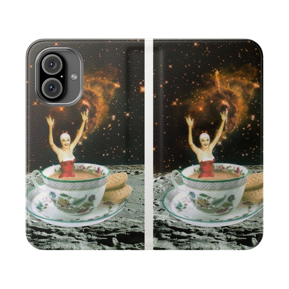 Vibrant collage art phone case featuring a galaxy, tea, and moon design