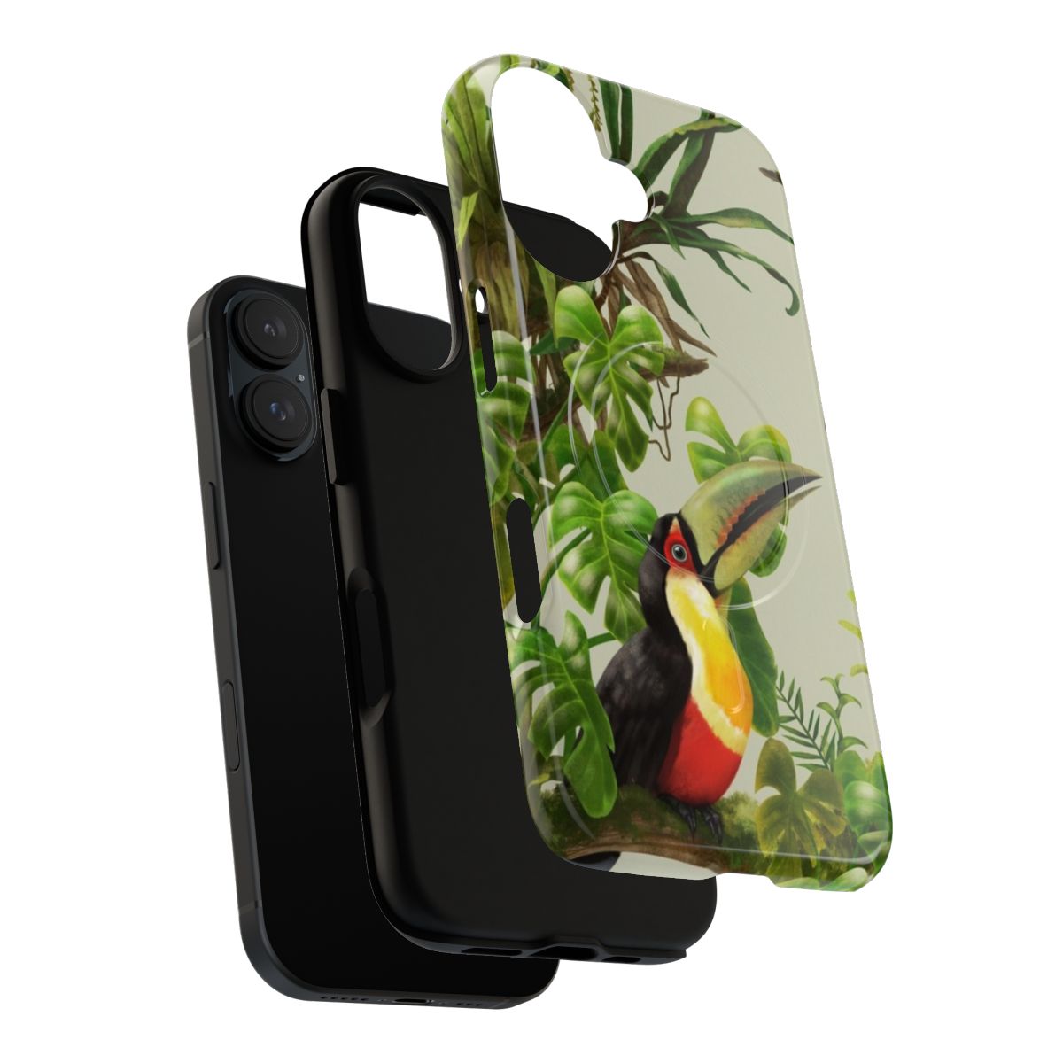 Vibrant toucans and bromeliads on a tropical, lush background - Layers