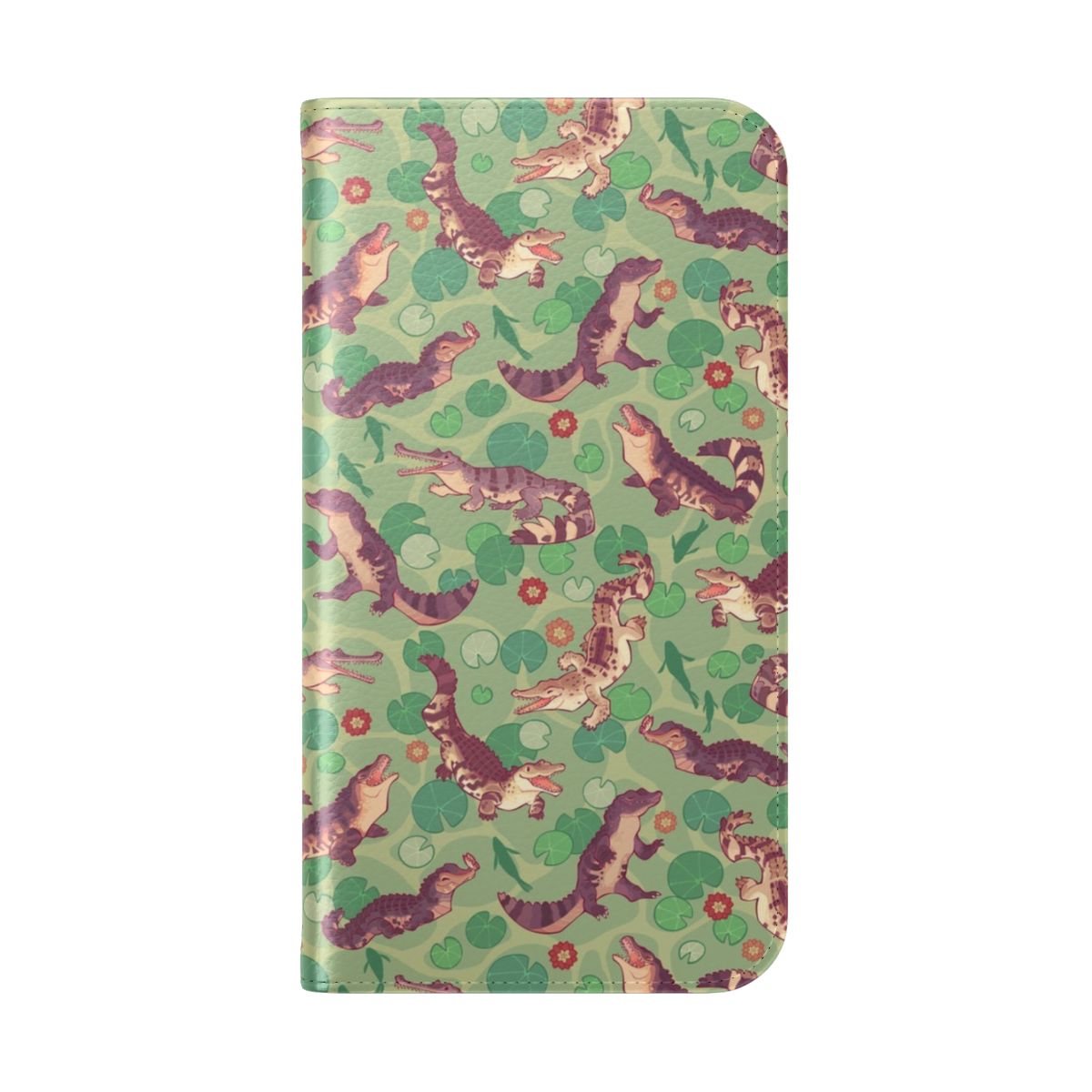 A vibrant flip cover phone case featuring a detailed pattern of crocodiles, alligators, and other reptiles in a lush, swampy environment. - Folded Back