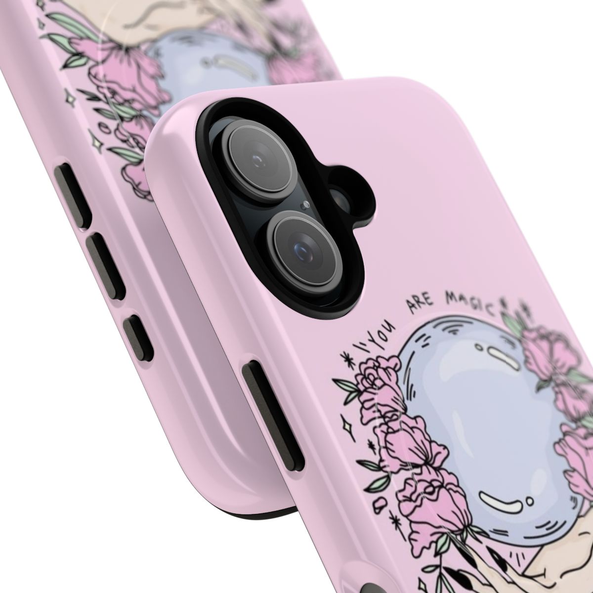 A pink floral magnetic phone case with a mystical touch - Detail