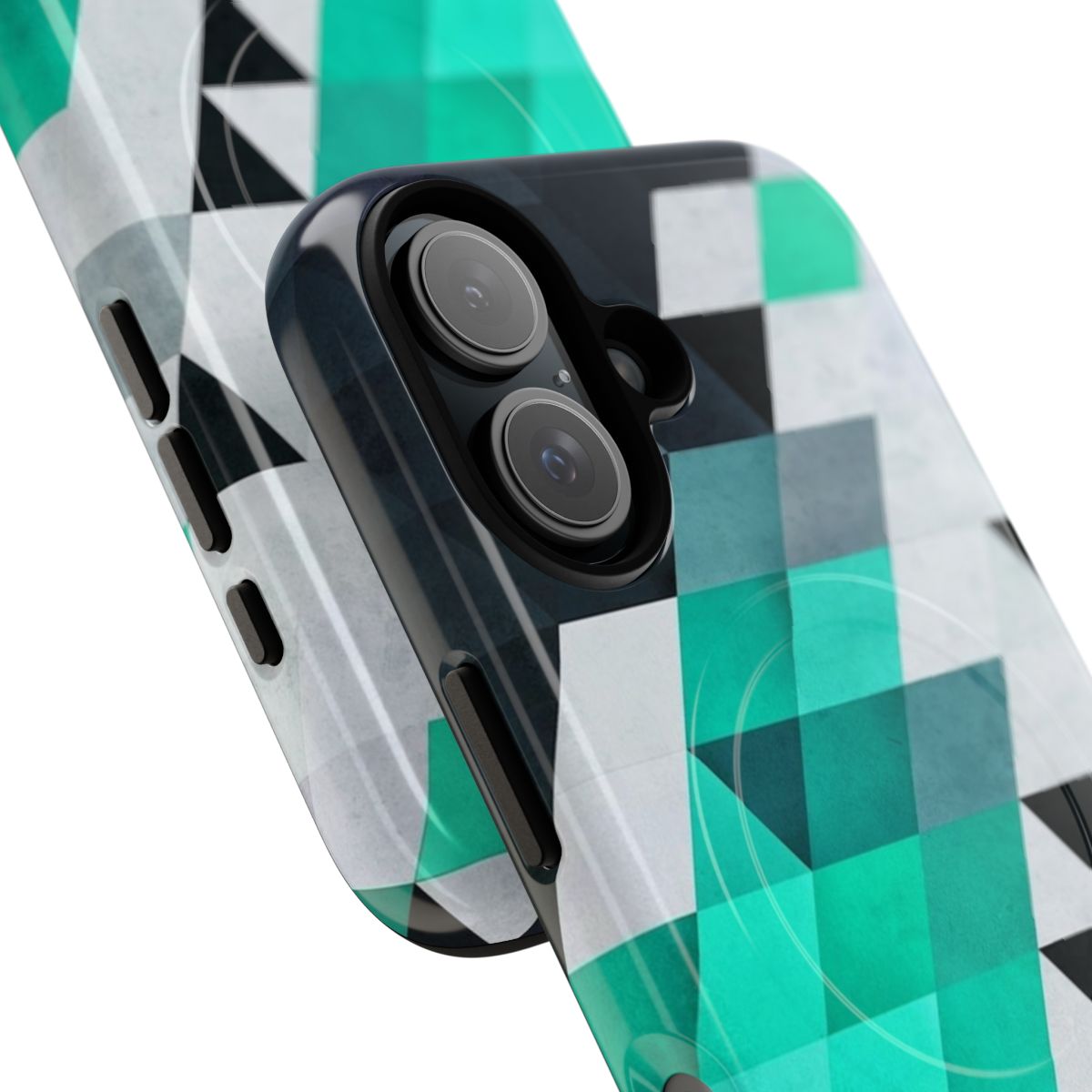 Geometric pattern phone case in teal, white, and black colors with an abstract, isometric design - Detail