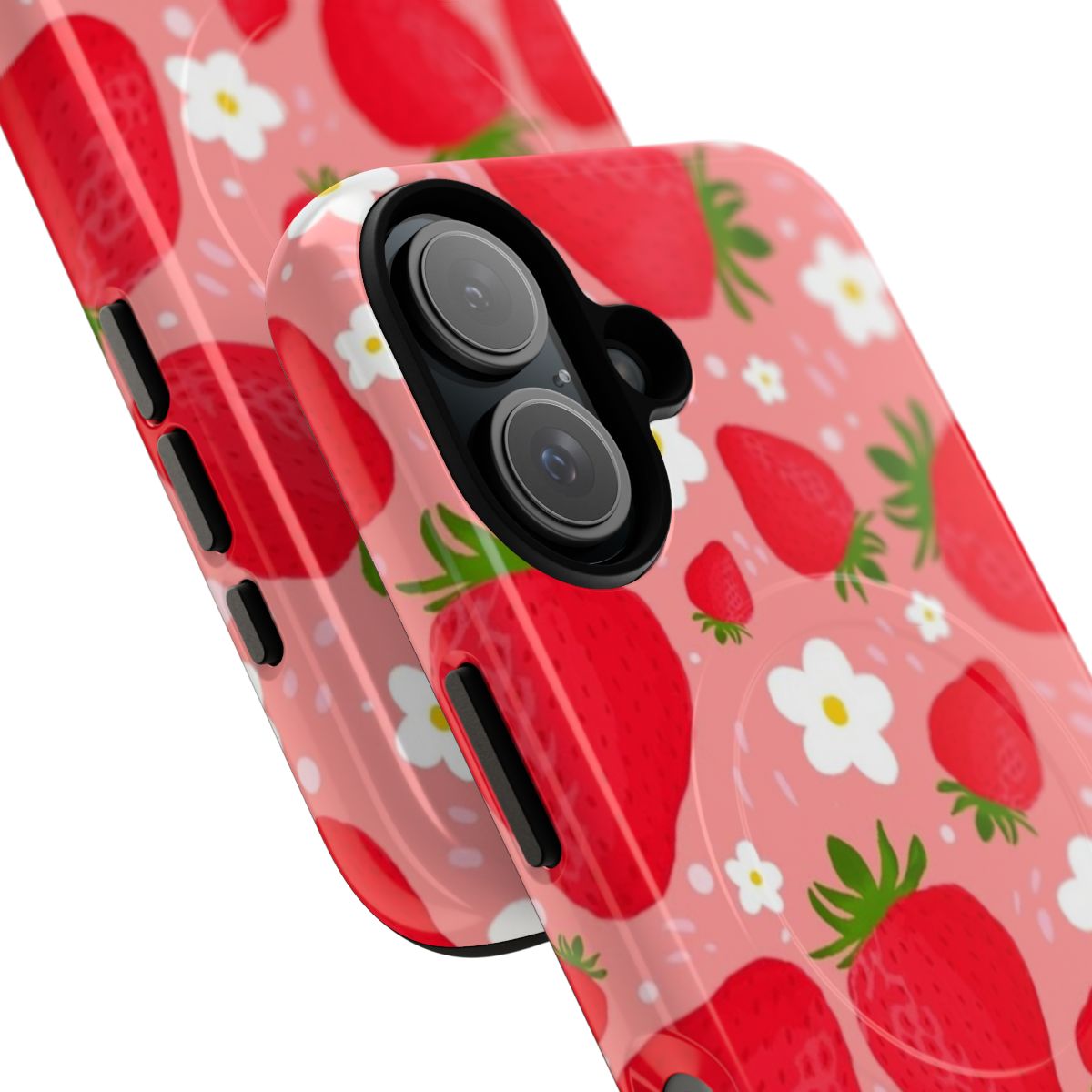 Vibrant pink and red strawberry pattern on a magnetic tough phone case - Detail