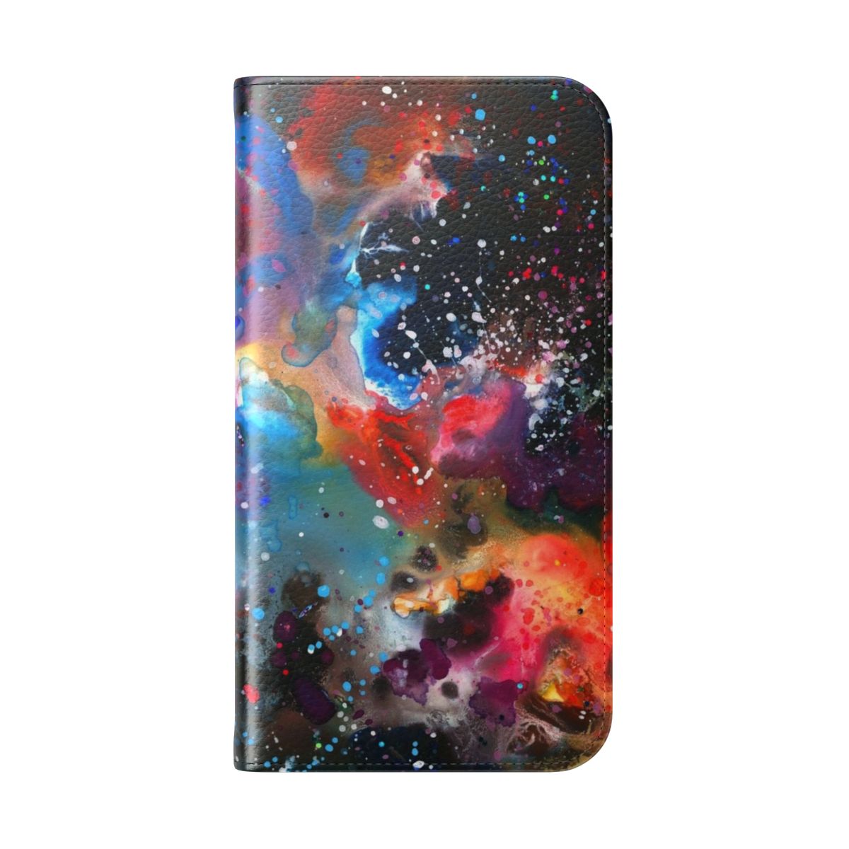 Colorful galaxy nebula pattern with glitter and abstract fluid shapes on a phone case. - Folded Back