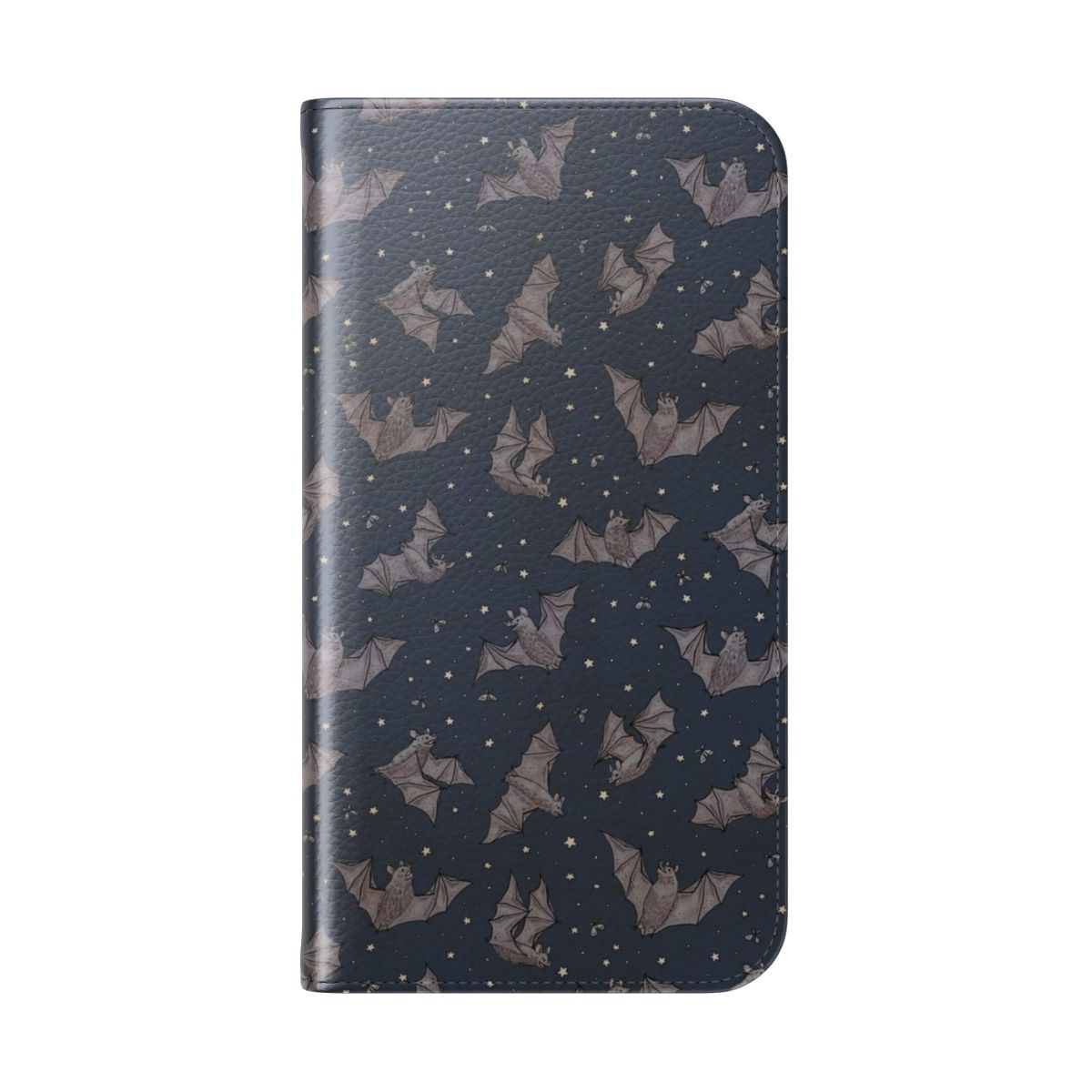 A flip phone case featuring a whimsical design of bats against a starry night sky - Folded Back