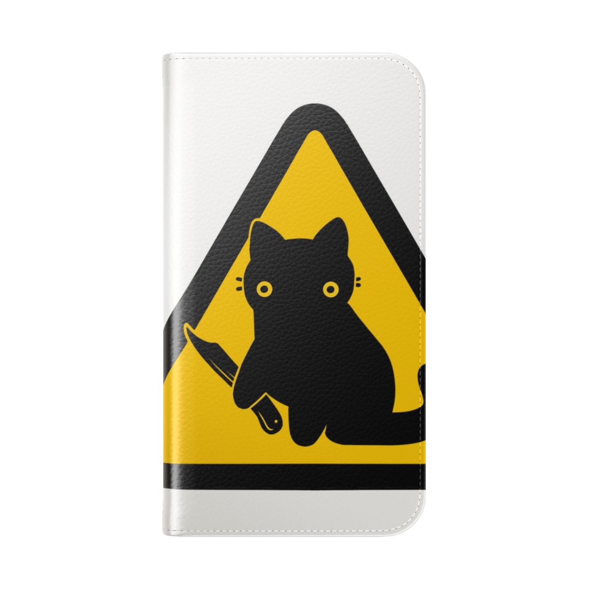 Amusing yellow flip phone case featuring a cat design with a caution or warning style - Folded Back