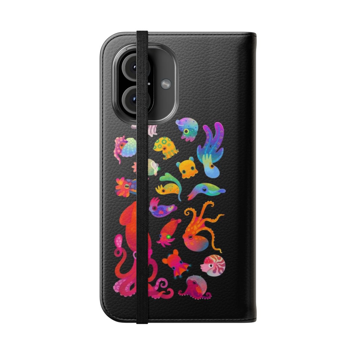 Cephalopod-themed phone case featuring various marine life designs - Folded Front