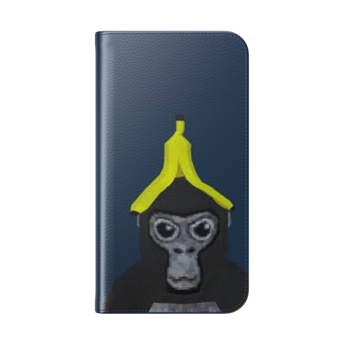 Flip cover phone case featuring a monkey holding a banana, a design inspired by the popular game Gorilla Tag. - Folded Back