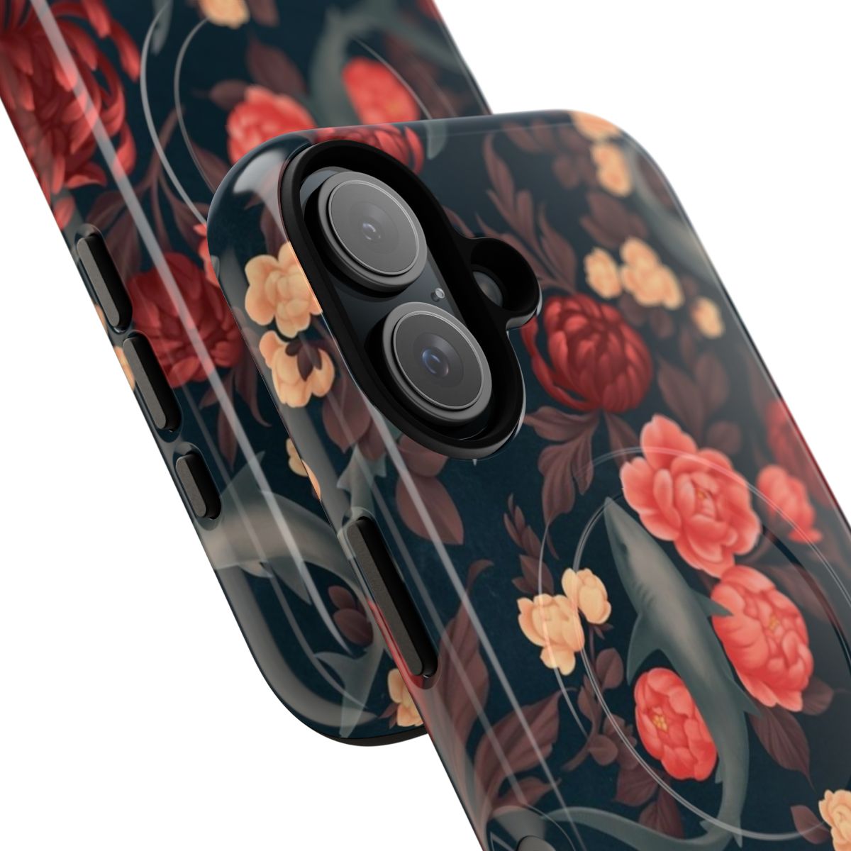 Colorful botanical-inspired shark design on a magnetic tough phone case - Detail