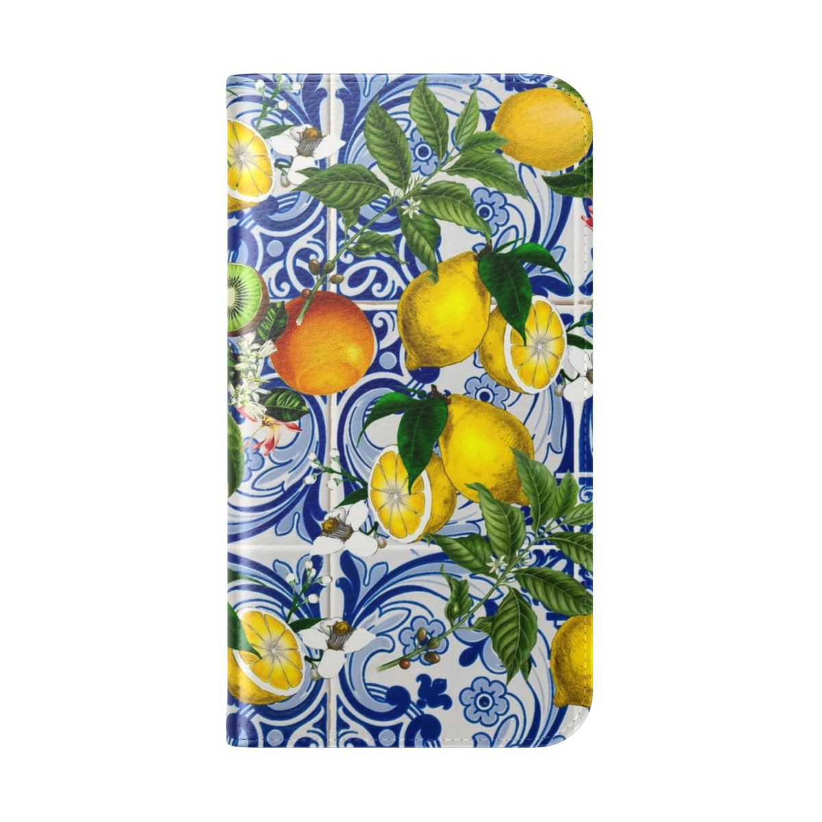 Mediterranean-inspired lemon and blue ceramic tile pattern on a flip phone case - Folded Back