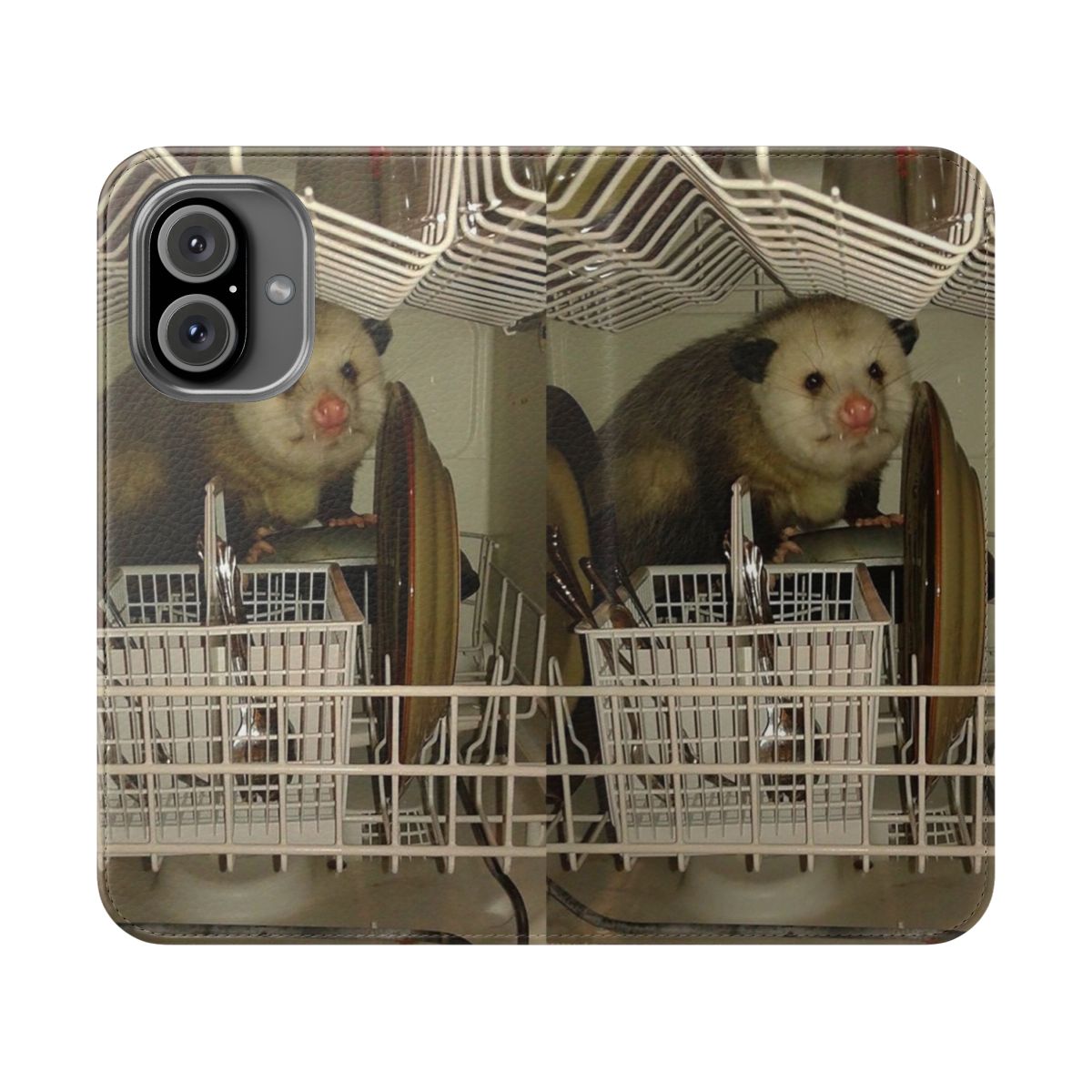 Dishwasher Possum Flip Cover Phone Case with Quirky Meme Design