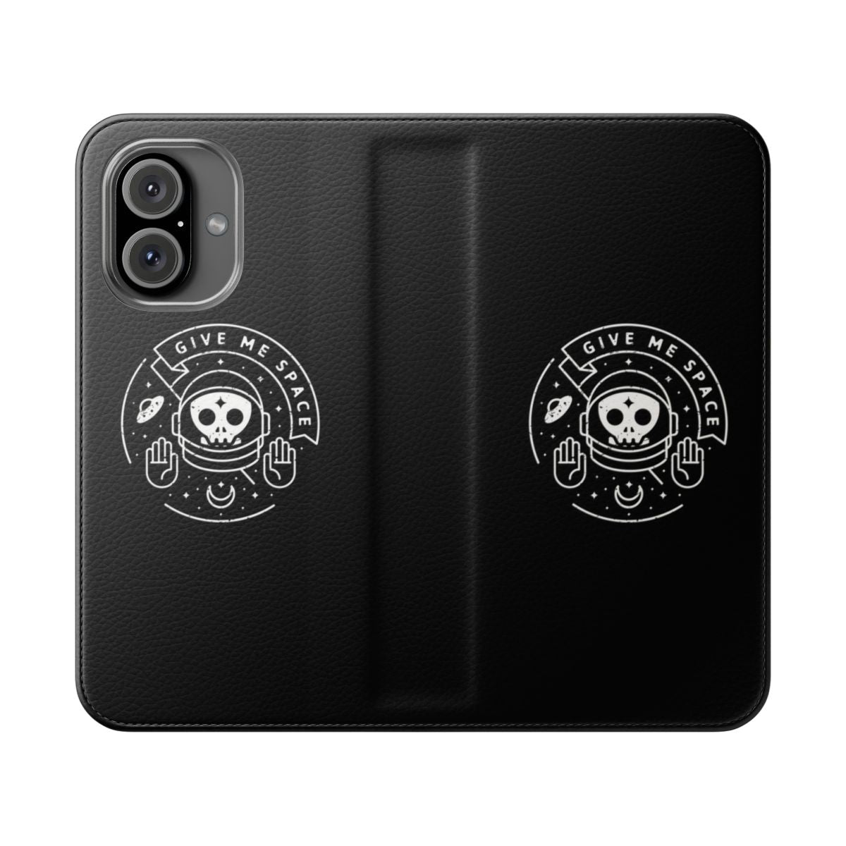 A stylish and playful flip phone case featuring a space-themed design with a moon, UFO, skull, and astronaut