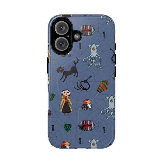 Blue Coraline-inspired pattern phone case with spooky elements