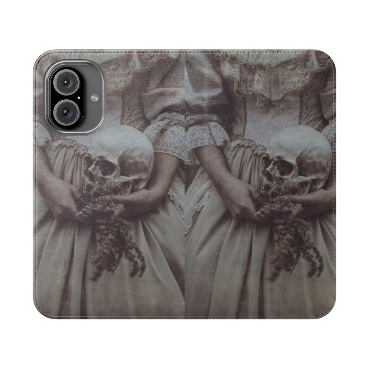 Nature-inspired flip phone case with a dark, minimalist aesthetic featuring floral and skull designs