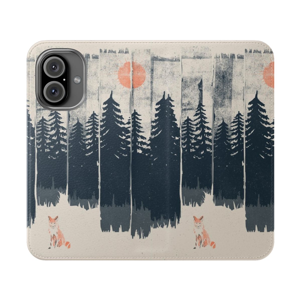 Close-up photo of a wild fox in a forest, with a phone case featuring the same design.